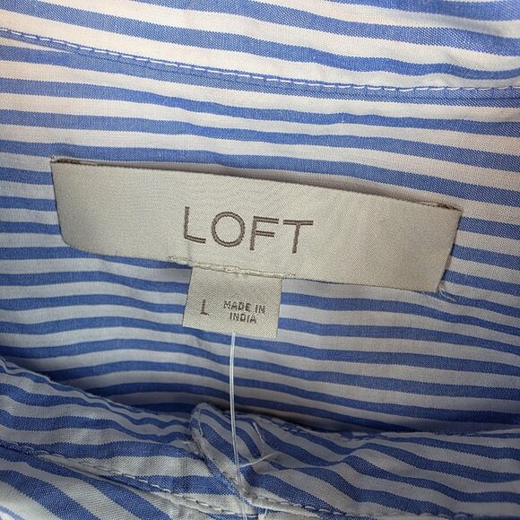 LOFT Shirt Womens Large Blue White Stripe Cropped Button Up Collared Utility Top - Picture 4 of 10